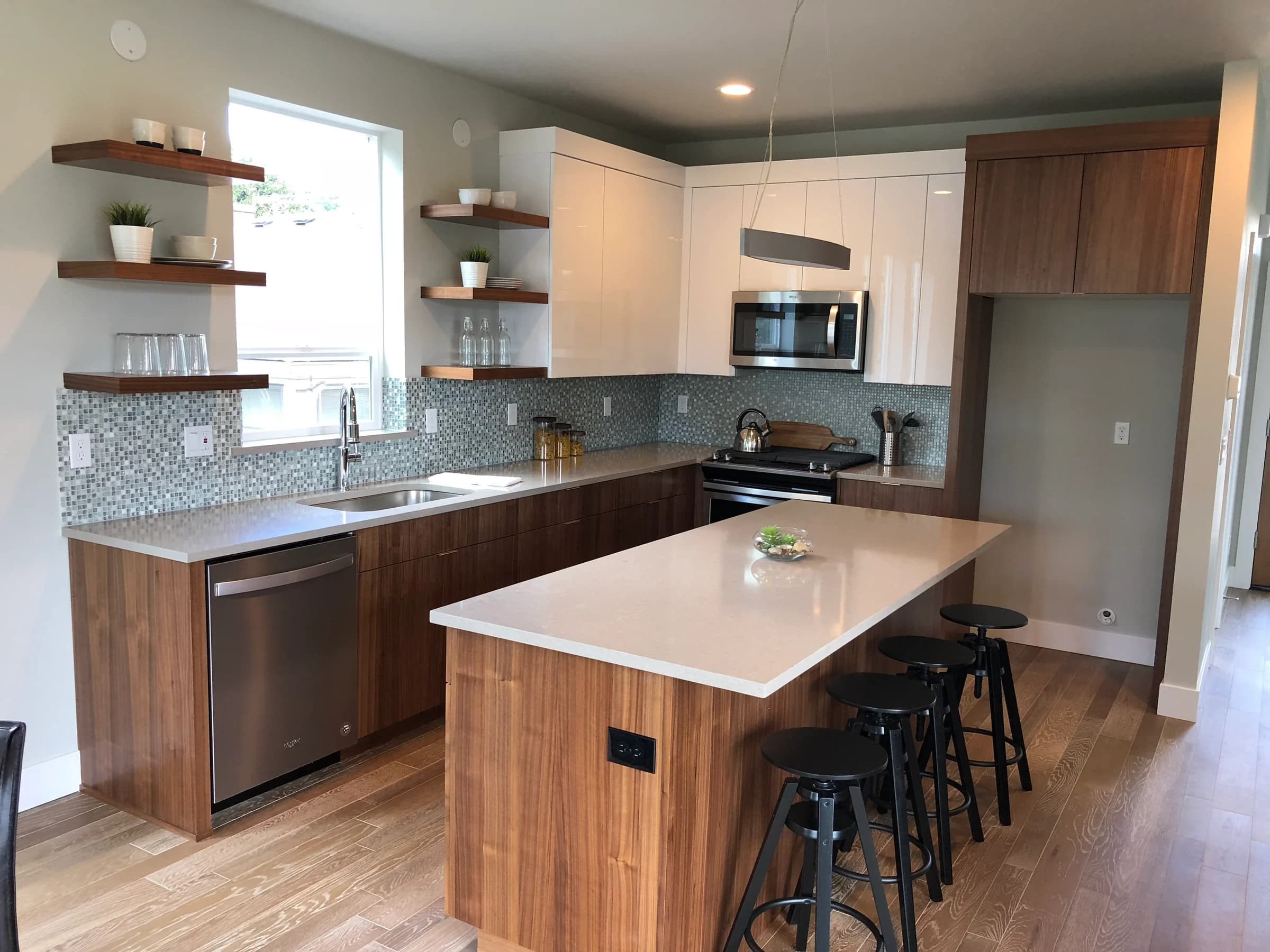 NS Wood Finishing project: wood kitchen cabinets, white upper doors and open shelves around a window